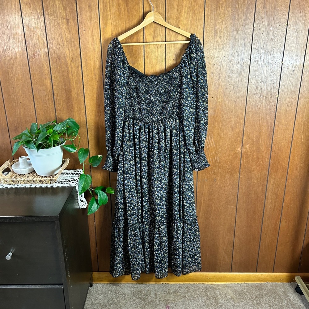 Petal + Pup Floral Maxi Dress Blue Yellow Ruched Tie Front Long Sleeve Size Boho - Picture 9 of 9